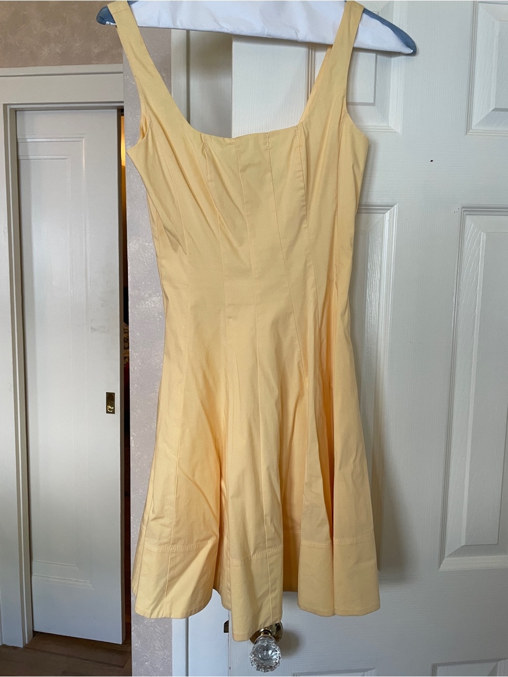 STAUD Pale Yellow Square-Neck Fit & Flare Mini Dress